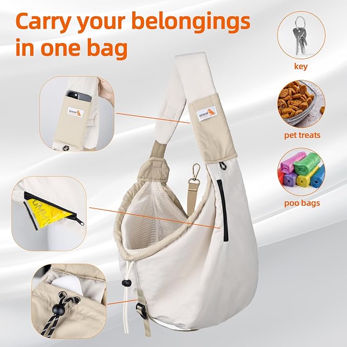 Dog Carrier Sling, Dog Carriers for Small Dogs Up to 20lbs, Beige | Puppy Sling, Cross Body Carrying Bag, Soft Front Pouch, Adjustable Shoulder Strap, Breathable Mesh Pet Backpack for Hiking