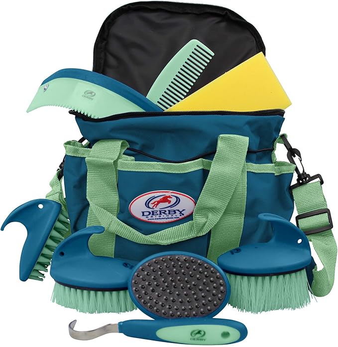Derby Originals 9Piece Horse Grooming Set with Matching Nylon Carry Bag - Available in 8 Fun Colors, Green & Mint