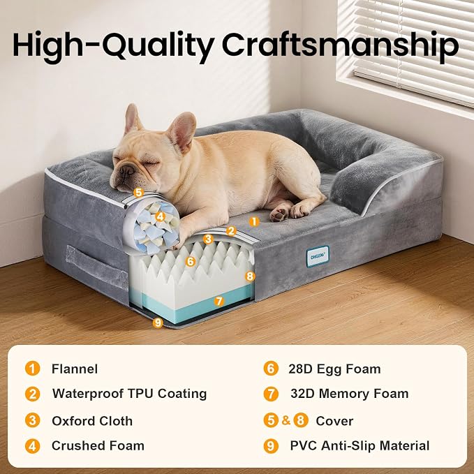 OhGeni Orthopedic Medium Dog Bed Couch Sofa, Memory Foam, 28-inch (Gray) | Waterproof Pet Bed with Machine-Washable Removable Cover & Soft Comfortable Fabric