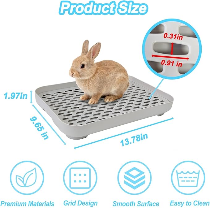 kathson Rabbit Litter Box, Bunny Potty Trainer Tray Guinea Pig Litter Box with Grid, Small Animal Toilet for Bunny Guinea Pigs Ferret Cats Chinchilla (Grey, Large)