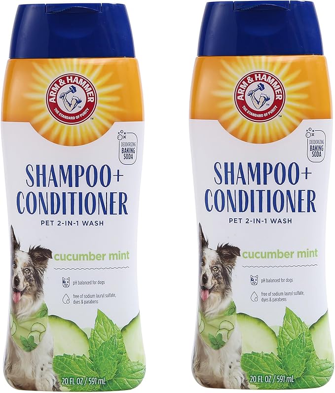 Arm and Hammer for Pets 2-in-1 Dog Shampoo and Conditioner, Cucumber Mint - Odor-Eliminating Baking Soda Formula for Clean, Fresh, Fully Conditioned Dog Coats, 20 Fl Oz - 2 Pack