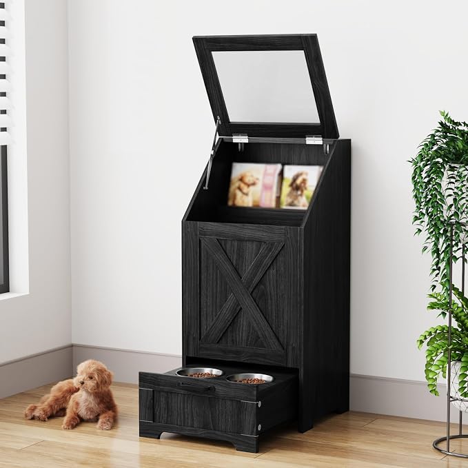 Dog Feeding Station with Storage Cabinet and 2 Elevated Dog Bowls, Hidden Pet Food Storage Organizer for Dog &Cat, Modern Dogs Furniture, Black
