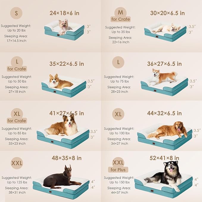 EHEYCIGA Orthopedic Dog Beds Large Sized Dog, Waterproof Washable Pet Bed | Non-Slip Bottom and Egg-Crate Memory Foam XL Dog Couch Bed with Washable Removable Cover, Turquoise Blue, 41Inch
