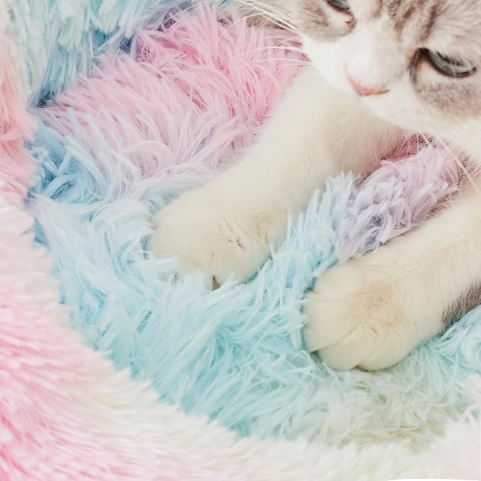 Western Home Calming Donut Small Dog Cat Bed Washable Puppy Bed,24" Rainbow | Fluffy Faux Fur Round Cuddler,Anti-Anxiety,Anti-Slip Bottom,Pet Beds for Puppy&Small Dogs&Large Cat,Up to 25 LBS
