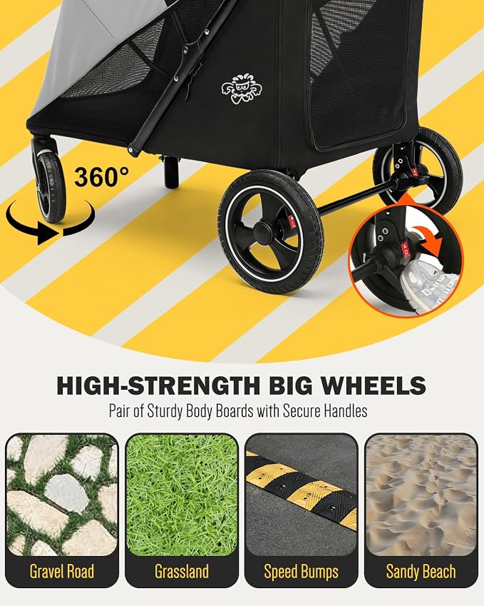 Dog Stroller for Large & Medium Dogs, 4 Wheels Pet Stroller for Large Dogs up to 120lbs, Extra Large Dog Stroller with Foldable Design, Sun Shades, Storage Pocket, Breathable Mesh