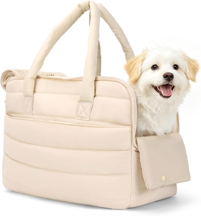 Dog Purse Carrier for Small Dog Cat Rabbit up to 13 lbs, Lightweight Portable Soft Sided Pet Purses, Quilted Puffy Tote Puppy Carrier with Large Pockets for Hiking, Travel, Vet Beige