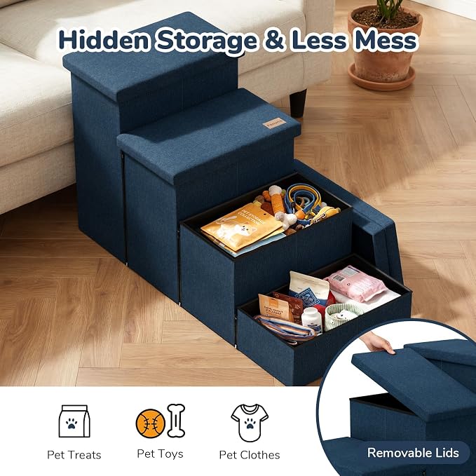 4-Step Wide Dog Stairs with Storage 23" H, Non-Slip Sturdy Pet Steps for High Bed Couch Window, Pet Stairs for Small/Medium/Large Old Dogs Cats Up to 220lbs, Cat Dog Steps for Car/SUV, Navy