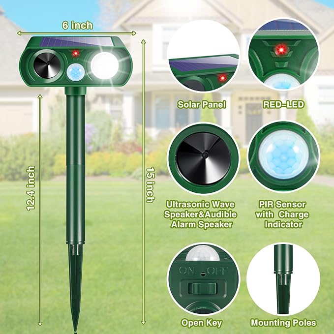 2026 Upgraded Sonic Fortress Pro Deer Repellent Outdoor,Solar Ultrasonic Animal Repellent with Motion Sensor&Flash Light-IP65 Waterproof Raccoon Fortress Pro for Squirrel,Cat-Garden&Yard 4Pack