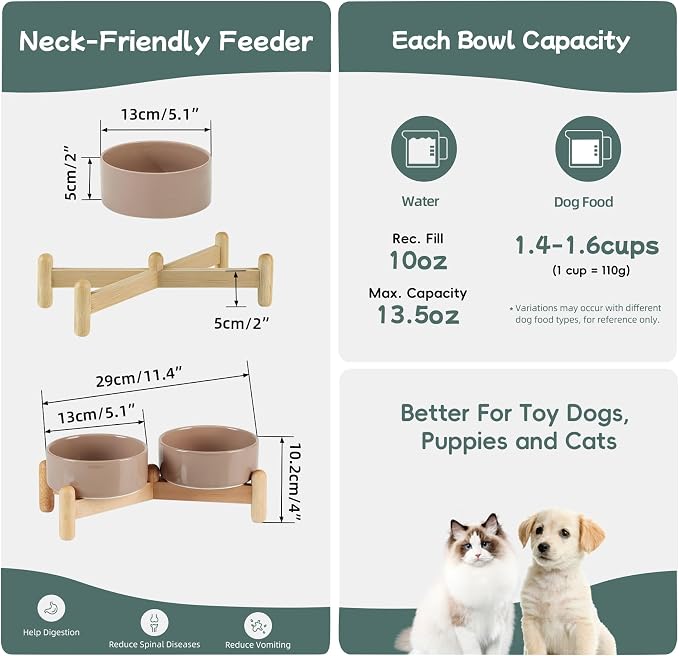 Havniva Elevated Dog Bowls Ceramic Dog Bowls with Stand, Dog Food Bowl | 5.1” Raised Dog Bowls with Non-Slip Wood Stand, Dog Food and Water Bowl Set, Double Dog Feeding Bowls for Small Dogs