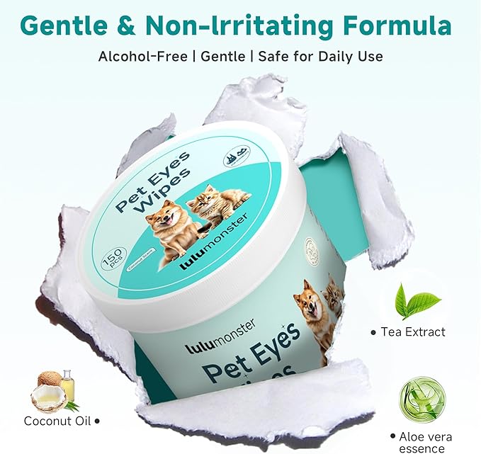 Dog Eye Wipes for Tear Stains – 150 Count Textured Pads with Vitamin B5, C & Aloe – Gently Removes Discharge, Mucus & Crust – Whitening & Soothing Grooming for Cats & Dogs