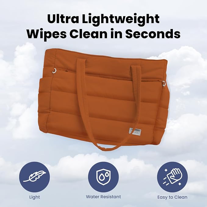 Puffer Dog Travel Bag for Dog Moms, Diaper Bag with Travel Bowls | 2 BPA-Free Collapsible Bowls, 2 Pet Food Containers, 9 Pockets, Everyday Puffer Bag Works With or Without Your Dog, Rust