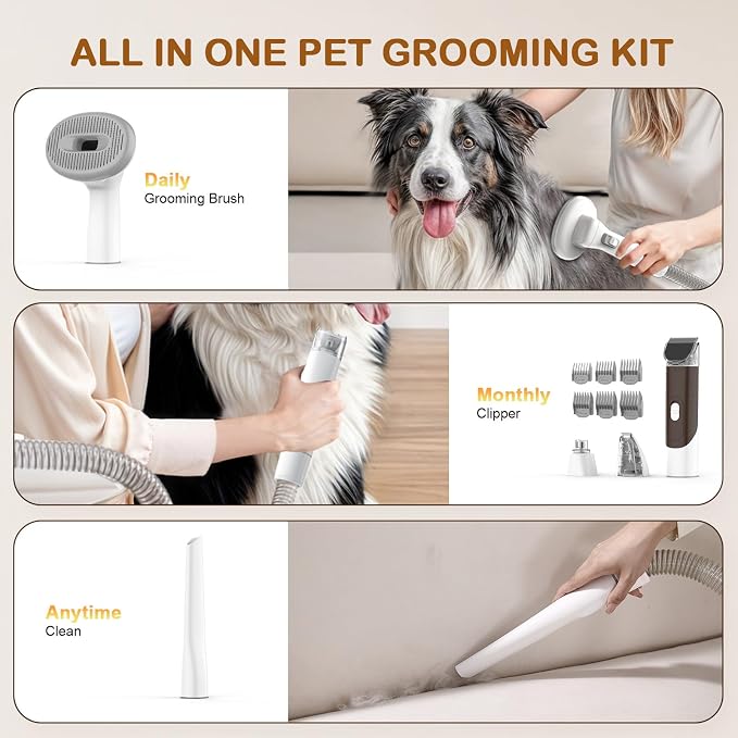Dog Grooming Vacuum, Dog Grooming Kit with Pet Clipper Nail Grinder, 3 Suction Modes Dog Brush Vacuum with 6 Pet Grooming Tools（Rust）