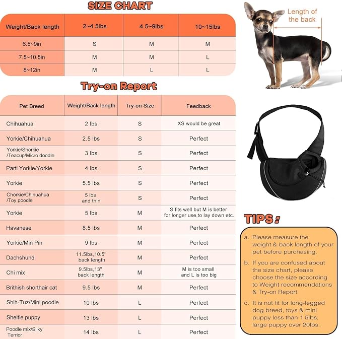 YUDODO Pet Sling Carrier for 2-5 lbs Small Dogs Cat Puppy Crossbody Carrier | Hands-Free, Safety Hook, Large Zipper Pocket, Soft Breathable Mesh, Adjustable Strap, Reflective Strip, Black2.0, S