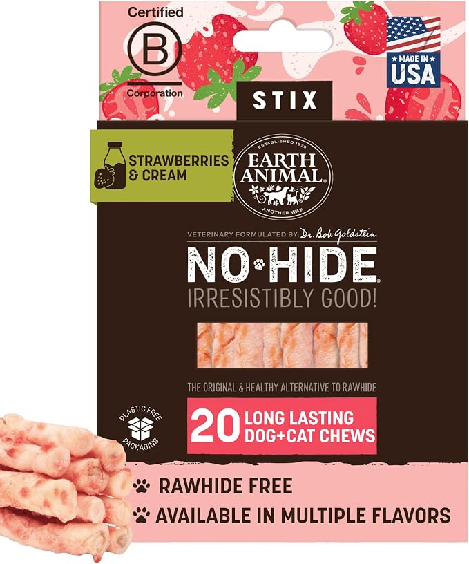 Earth Animal No Hide Stix - Small Dog Chews 20 Count Strawberries & Cream | Small Sticks Strawberries & Cream Flavored Natural Rawhide Free Long Lasting Dog Chews - Treats for Small Dogs and Cats