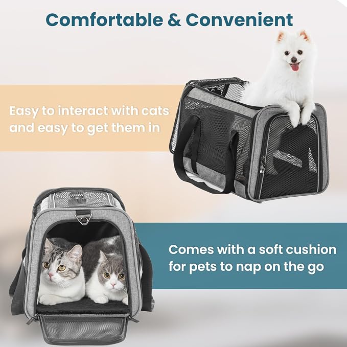 PETSFIT Large Cat Car Carrier,19 x 12 x 12 | Roomy Escape-Proof Cat Car Seat, Safe Driving, Lockable Zippers & Safety Tether, Soft-Sided Travel Carrier