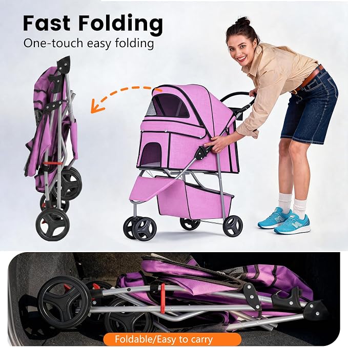 BestPet | 3-Wheel Pet Stroller | Pink | Foldable Dog and Cat Stroller | Breathable Mesh | Lightweight, Waterproof Travel Carrier with Cup Holder & Storage Basket | for Daily Walks & Outdoor Use