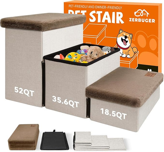 Zerbuger Dog Stairs with Storage Khaki Furry Lids 3 Steps Dog Ramp no Condo | 18" H Wider Dog Steps for High Beds Couch, Folding Storage Pet Stairs Gift for Climbing Small/Medium/Large Old Dogs Cats