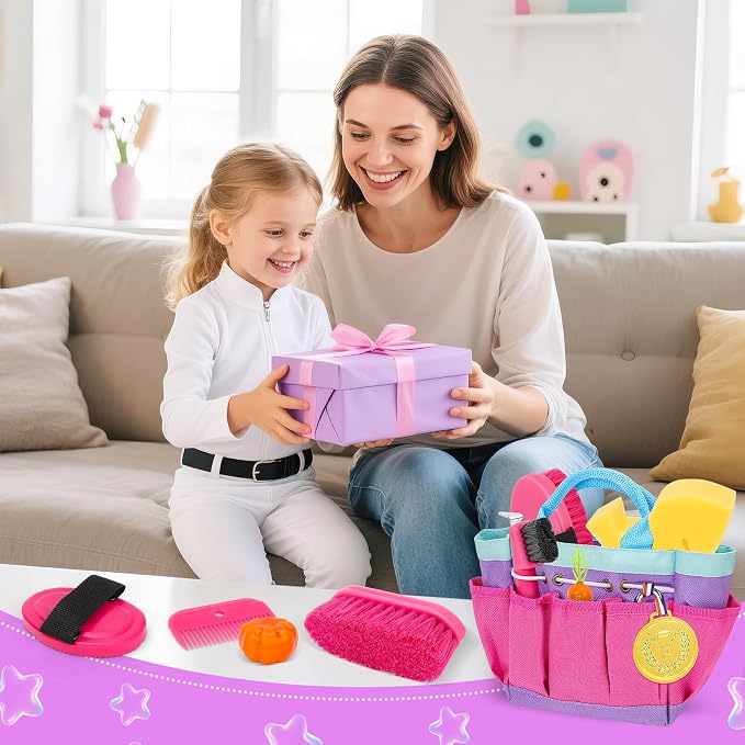 deAO Horse Grooming Brush Kit 12Pcs Horse Tack with Tote Bag,Care Tool,Pink | Realistic Horse Cleaning Playset,Includes Gloves,Tail Comb,Body Brush,Gift for Horse Riders Beginners for Boys Girls Ages3+