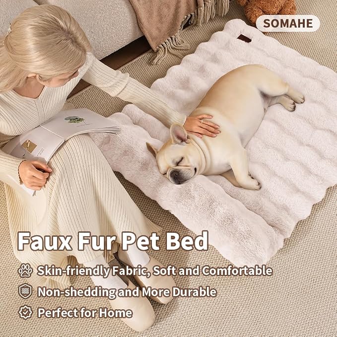 SOMAHE Cat Bed and Small Dog Bed Mat, Raised Pillow, 27 x 20 Inch, White | Self-Warming Fuzzy Faux Fur Surface, Soft Plush Pet Sleeping Pad for Indoor Cats, Machine Washable, Non-Slip Bottom