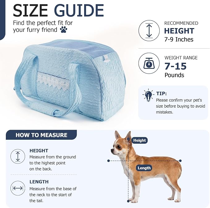 Dog Carrier Tote Bag, Foldable Soft Sided Breathable Mesh Lightweight Travel Handbag with Padded Handles, Lace Decor Portable Pet Purse for Small Puppy Kitten Cat Up to 15 Lbs (Blue)