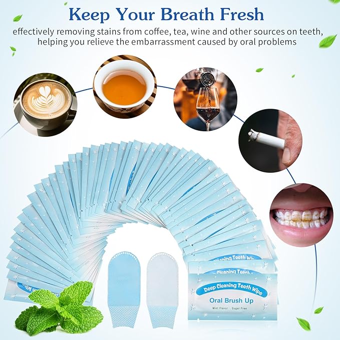 Beavorty Finger Brush Teeth Wipes 50 Pcs Disposable Deep Cleaning Teeth Wipes Deep Teeth Cleaning Finger Oral Wipes for Oral Brush Ups Mini Toothbrush, Individual Package