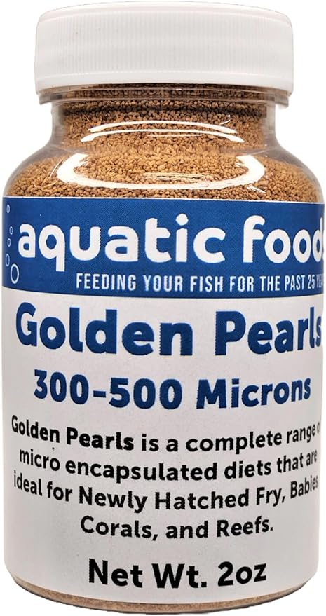 Aquatic Foods Inc. Golden Pearls 300-500 Micron Size for Fry, uveniles of Shrimp, Axolotls, Discus, Cichlids, Catfish, Tetras, Angel Fish, Guppies, Bettas, Goldfish, Corals, Reefs…2oz Bottle