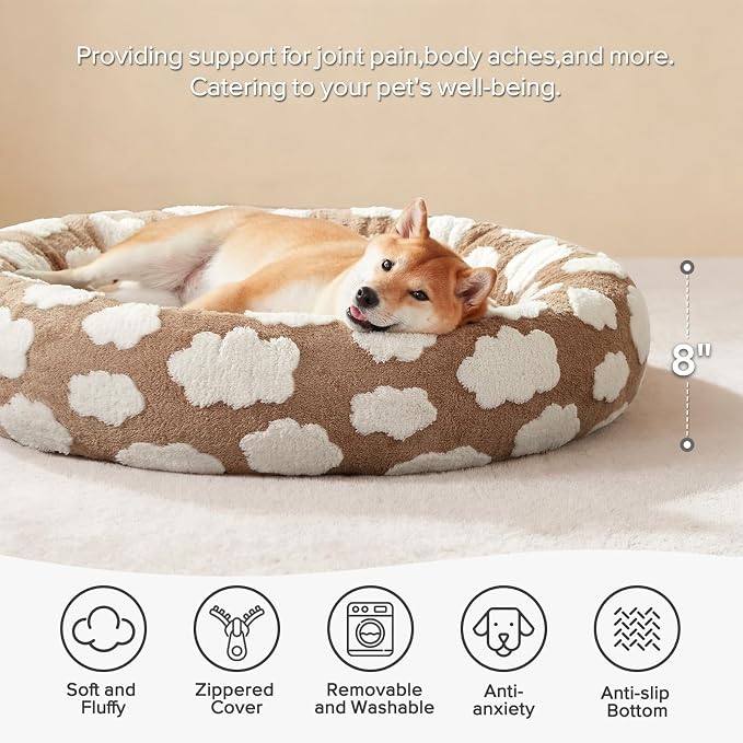 JOEJOY Jacquard Donut Round Small Dog Beds,Brown 23x23x8in, Removable Washable Cover, Cute Pattern, Ultra Soft Fluffy Calming Pet Bed with Thick Supportive Bolster