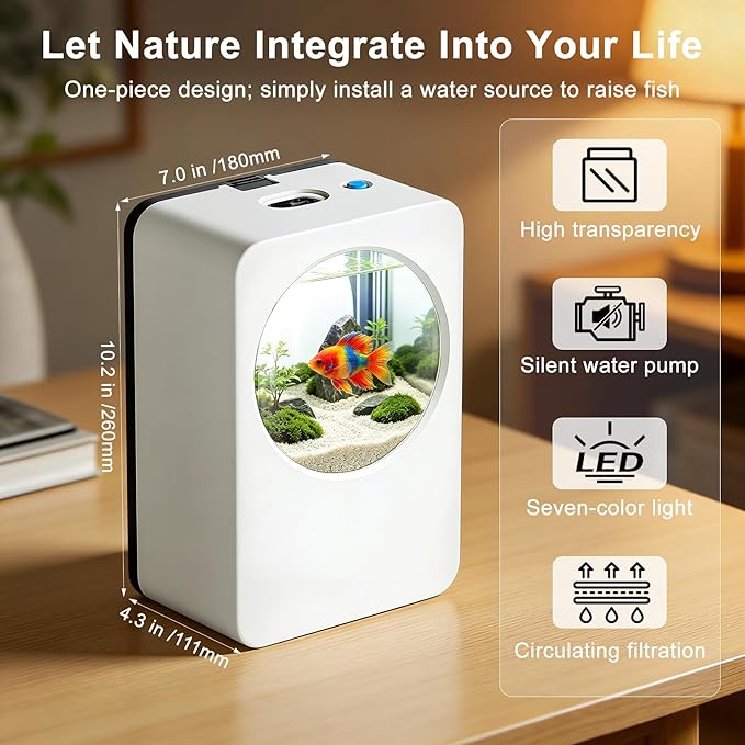 Betta Fish Tank 0.3 Gallon mini Desktop Fish Tank, Aquarium Starter Kits, Small Fish Tank for Office, Home, Bedroom, School, Store, Outdoor Garden, Lawn