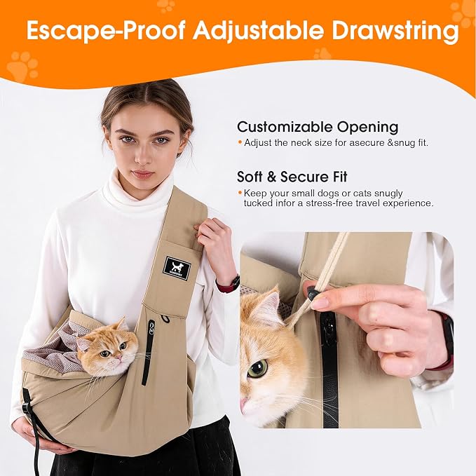 Dog Sling Carrier for Small Dogs & Cats 5-20 lbs, Adjustable Depth | Breathable Air Mesh Puppy Sling, Water-Resistant Travel Bag, Double Safety Leash, Machine Washable, Hands-Free Pouch, Caramel