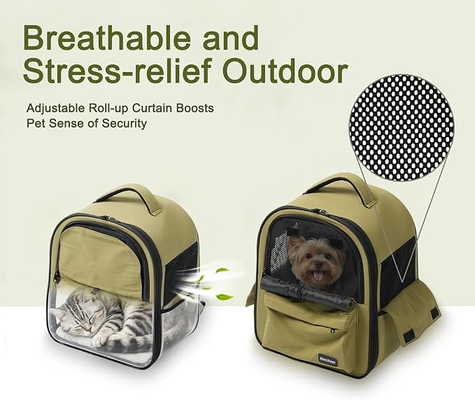 Cat Carrier Dog Backpack Carrier with Anti-Collapse Bottom (Olive Green) | Dog Carrier Mesh Backpack Breathable Pet Travel Bag with Sun Shade, Locking Zippers, Ergonomic Support for Hiking, Vet, Car