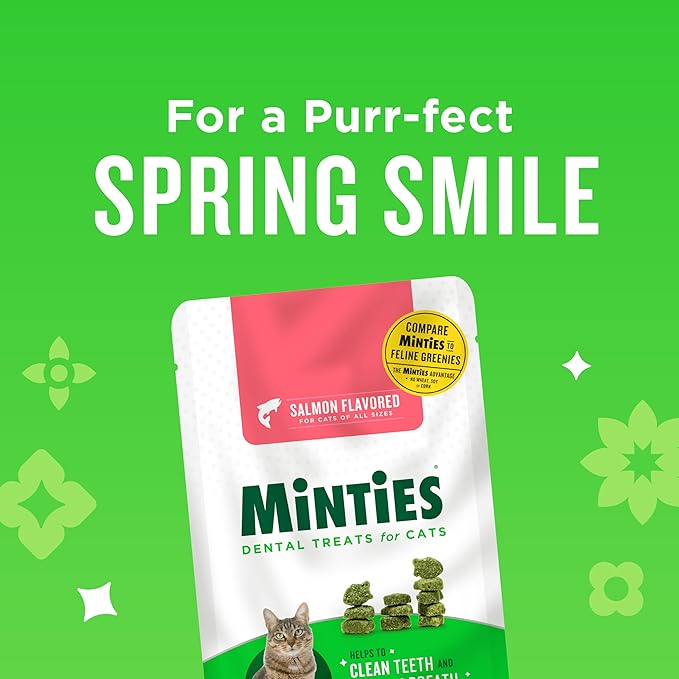 Minties Dental Treats for Cats, Salmon Flavored Treats for Cats, Freshens Breath and Controls Tartar, 30oz (12 2.5oz Bags)