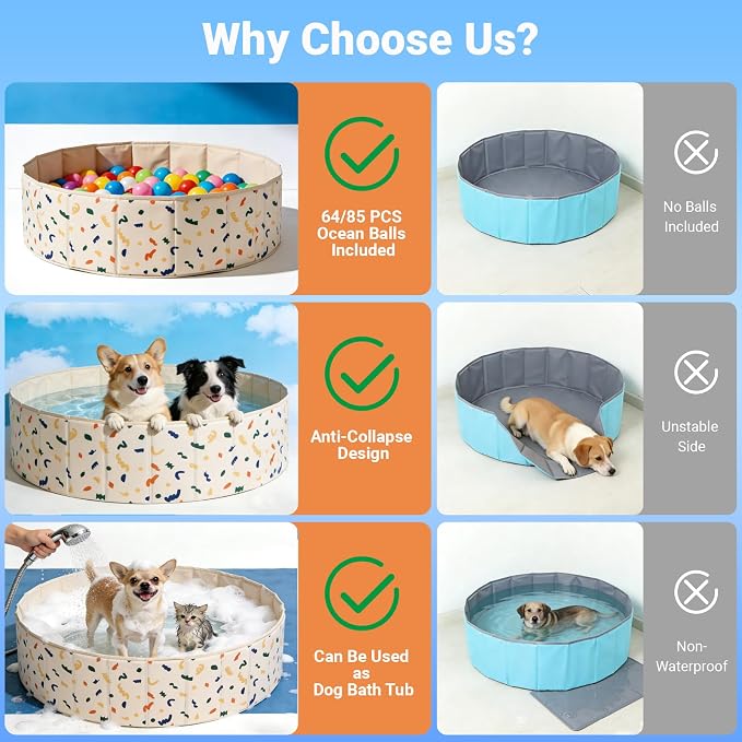 Foldable Dog Pool & Dog Ball Pit with Balls Included, Portable Multifunctional Ball Pit for Dogs & Cats, Anti-Collapse Non-Slip Pet Play Pool (Beige L+85 Balls)