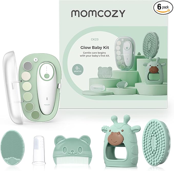 Momcozy Baby Kit, Baby Shower Gift Must-Haves & Registry Essential Kit | Grooming & Cleansing Care Set for Newborn, Electric Nail File, Teether, Bath Brush, Cradle Cap Brush, Comb, Finger Toothbrush