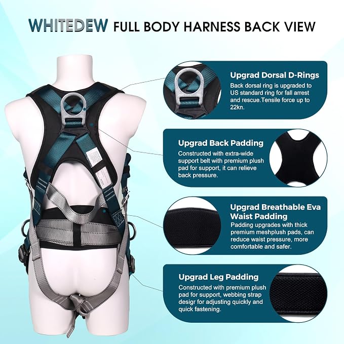 Fall Protection Premium Safety Harness with Shock Absorbing Lanyard, Vented & Padded Shoulder, Legs & Back - Upgrade 4 Quick Buckles (Dark Green)