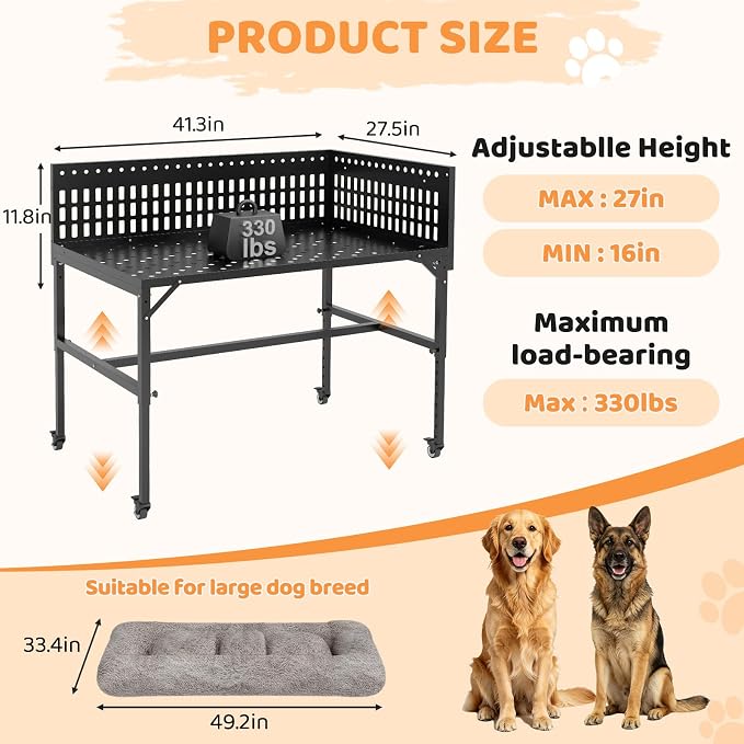 Beside Dog Bed,2 Panels Adjustable Height Dog Bunk Beds,41.3”x27.5” Metal Frame & Cushion, Converts to Bunk Bed or Bed Extension Attachment for Human Bed, for Large Dogs