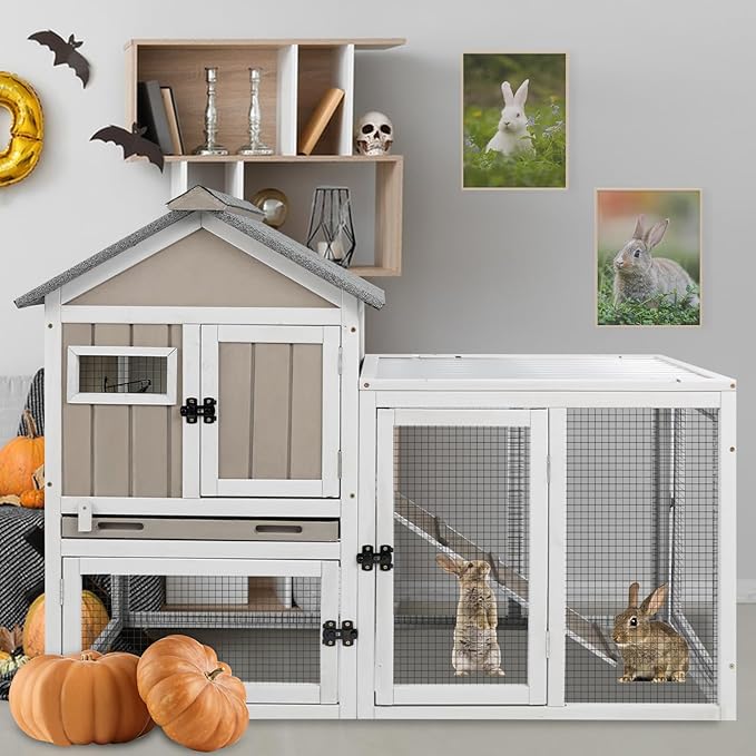 Gowoodhut 46.5" L Rabbit Hutch Indoor Outdoor Rabbit Cage with Run, Pull Out Tray, Asphalt Roof Large 2 Story Bunny Hutch Wooden Chicken Coop Guinea Pigs Pet House Cage for Small Animals,Grey
