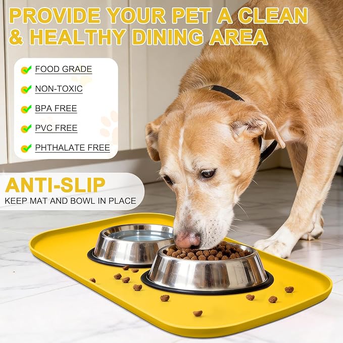 SMILOOL Waterproof Silicone Pet Food Mat with Raised Edge for Dog & Cat | 22" x 14" Non-Slip Pet Feeding Mats with Lip for Food & Water Bowl, Food Grade, Easy Cleaning, Vivid Yellow