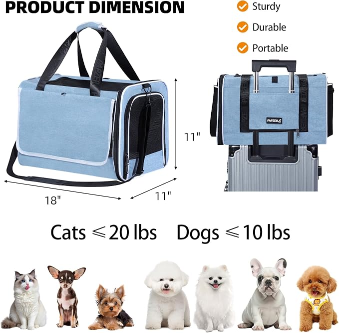 Cat Carrier for Travel, Soft-Sided, Top Loading, Privacy Curtain, to 20 lbs | Medium Pet Carry Bag Anxious Cat, Vet Visits Car Transport, Luggage Sleeve Suitcase Attachable Small Puppy Crate Kennel Blue