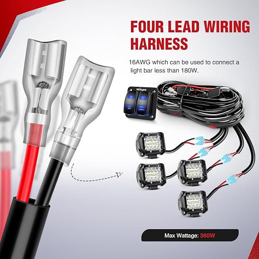 Nilight 16AWG LED Light Bar Wiring Harness Kit-4 Leads | 12V On/Off 2 Gang Laser Etched Pod Lights Rocker Switch Panel Power Relay Fuse 5Pin Toggle for Cars Boat ATV Trucks