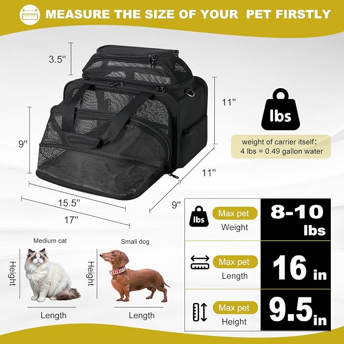 pidipiti 17x11x11 Soft-Sided pet Carrier,for 1 Small Dog or Medium cat | top and 1 side Expandable,for American Delta United Airline ,TSA Approved,with 2 pockets,zipper lock,leakproof,vet visiting