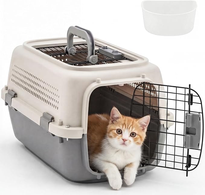 DUMOS 23" Hard-Sided Pet Carrier for Small Pets, 2 Door Cat Carrier, Beige | Airline Approved Dog Crate, Enhanced Security Latches, Front & Top Load Wire Door, Food Bowl for Traveling, Hiking, Camping