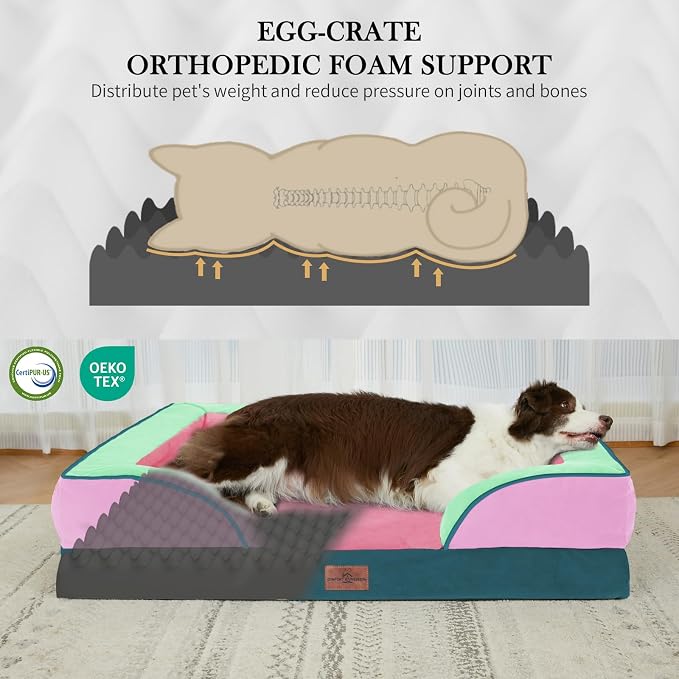 Comfort Expression Orthopedic Dog Bed for Extra Large Dogs with Bolster | Waterproof Dog Couch Bed with Washable Cover & Non-Slip Bottom, Supportive Egg Crate Foam XL Pet Bed, 45x35 Inch