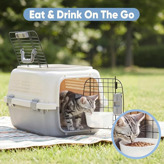 DUMOS 23" Hard-Sided Pet Carrier for Small Dogs & Cats, Airline Approved Travel Crate with Enhanced Security Latches, Front & Top Load Wire Door, Food Bowl for Traveling, Hiking, Camping - Beige&Grey