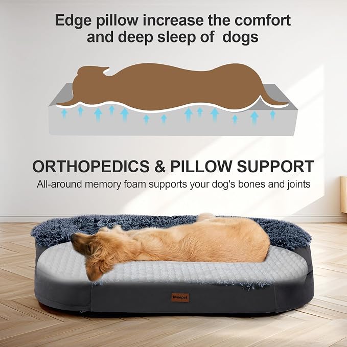 iweepet Fluffy Orthopedic Dog Beds for Large & Extra Large Dogs, 41" Calming Dog Sofa Bed with Supportive 28D Egg-Crate Foam, Removable Washable Cover, Waterproof Lining, for Puppy,Senior,Sick