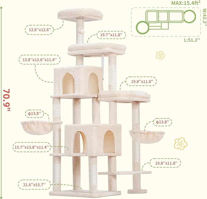 Hey-brother Cat Tree Tower, Scratching Posts with a Extended Part, Wide Platforms, Cozy Condos, Hammocks, Sisal Columns and Ball for Indoor Cats, 70.1 Inches, Beige MPJ038M