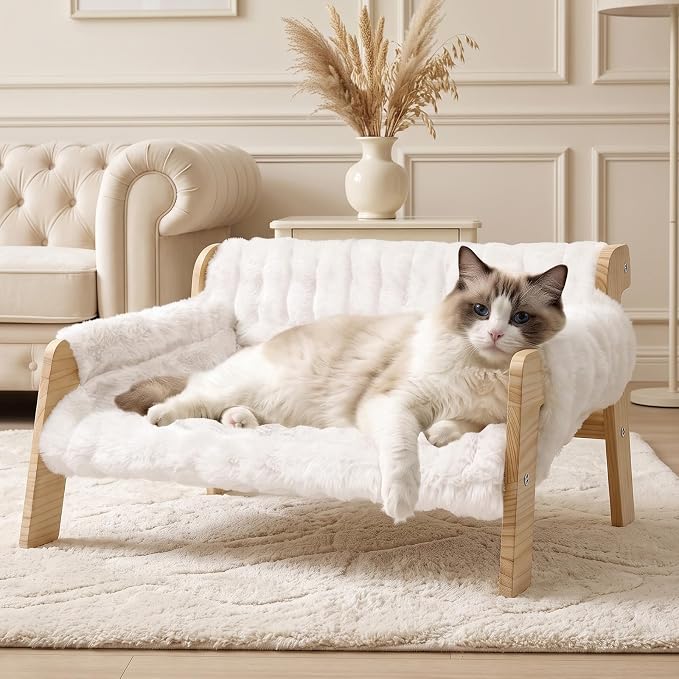homegroove Elevated Cat Couch Bed, Wood Cat Sofa for Indoor Cats, White﻿ | 27"L x 18"W x 11.8"H, solid wood cat bed with removable washable cushion, available in white and gray, for cats & small dogs