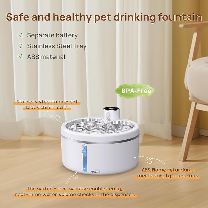 Wireless Cat Water Fountain [with Stainless Steel Tray], 84oz/2.5L Pet Fountain for Cats Inside, Cat Fountain for Drinking with Motion Sensor