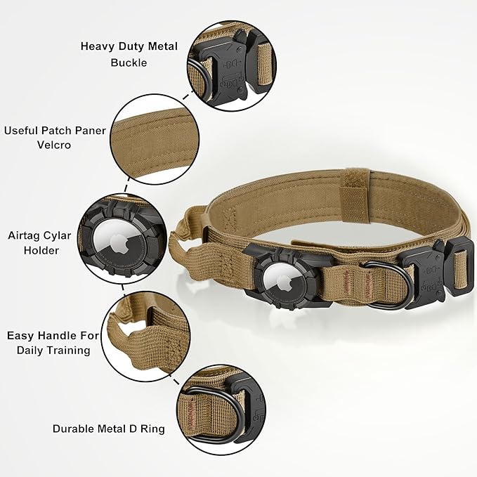 Tactical AirTag Dog Collar Leash Set - Heavy Duty, Adjustable GPS Collar Compatible with Apple AirTag, with Holder & Control Handle for Medium/Large Dogs [ Brown, M ]