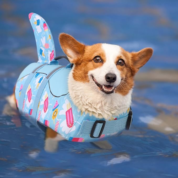 Shark Dog Life Vest for Swimming, Boating, Kayaking, Surfing, Canoeing - High Buoyant Dog Life Jacket, Ripstop High Flotation Swimsuit for Small, Medium, Large Dogs (Blue Ice Cream, S)