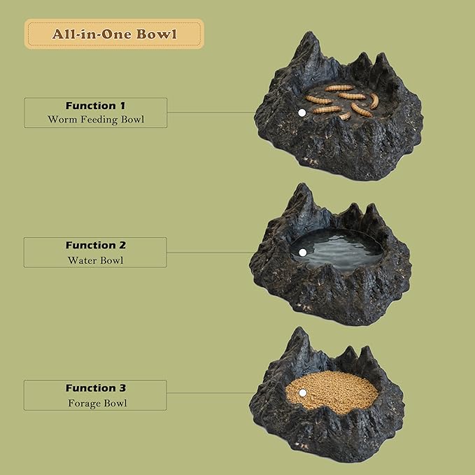 Reptile Water and Food Bowl with Feeding Tweezers Volcanic Rock Style Cement Feeding Dish for Bearded Dragon Leopard Gecko Lizard and Snake Non-Tip Terrarium Decor Landscape Accessory (Black)
